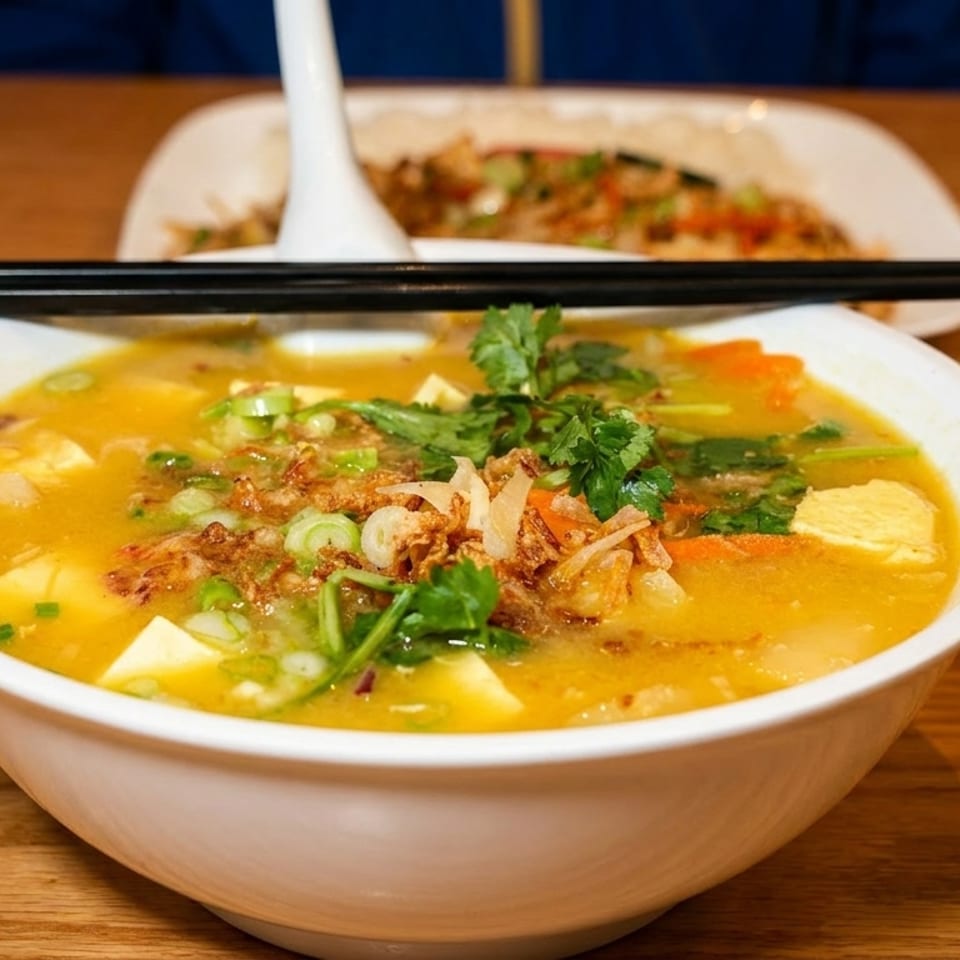 A bowl of yellow curry soup with tofu, carrots, and herbs, with chopsticks resting on top.