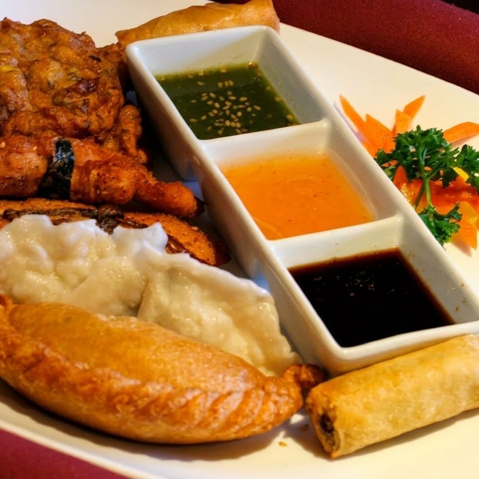 A white plate holds various appetizers, including fried items, dumplings, and three dipping sauces.