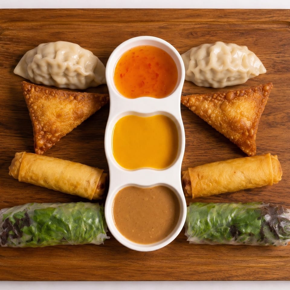 Assortment of dumplings, fried wontons, spring rolls, and fresh rolls with three dipping sauces on a wooden board.