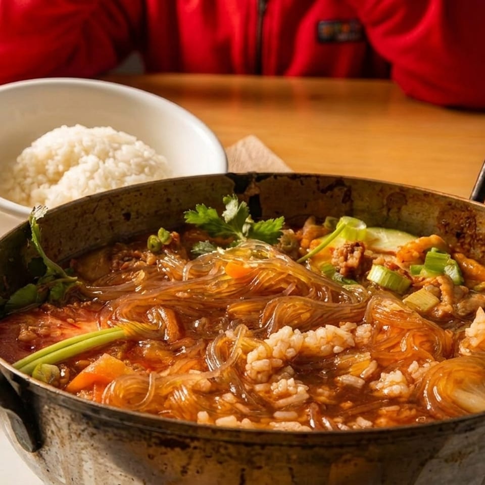A metal pot of glass noodles, meat, and vegetables, with a side of white rice.