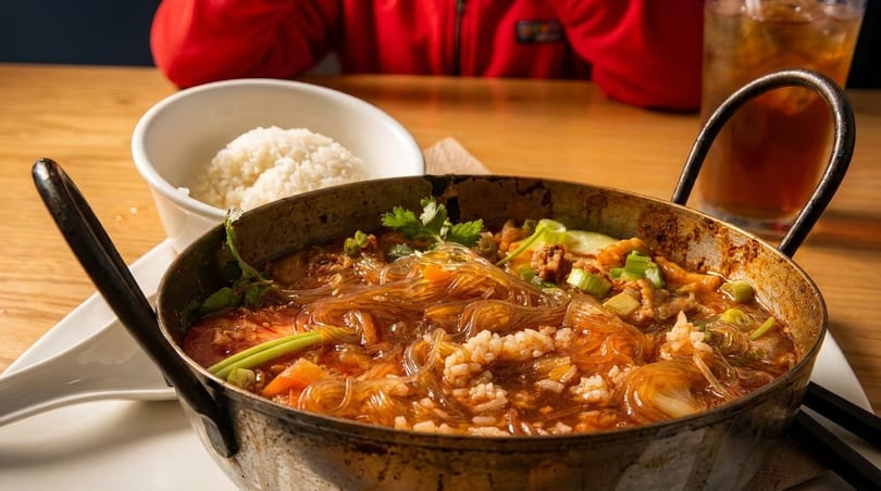 A metal pot of glass noodles, meat, and vegetables, with a side of white rice.