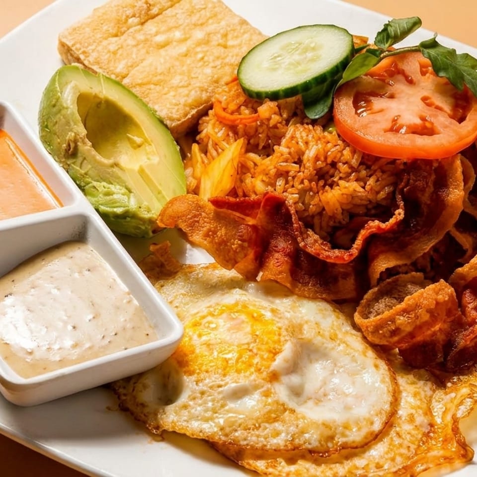 A breakfast plate with fried rice, bacon, fried eggs, avocado, and two dipping sauces.