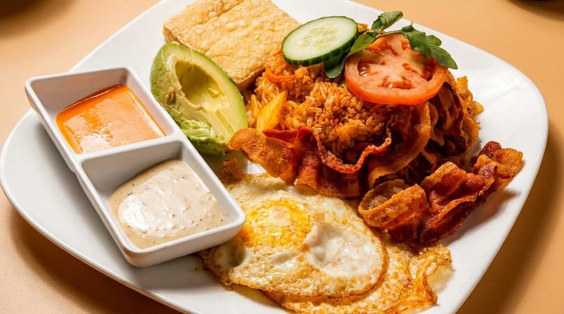 A breakfast plate with fried rice, bacon, fried eggs, avocado, and two dipping sauces.