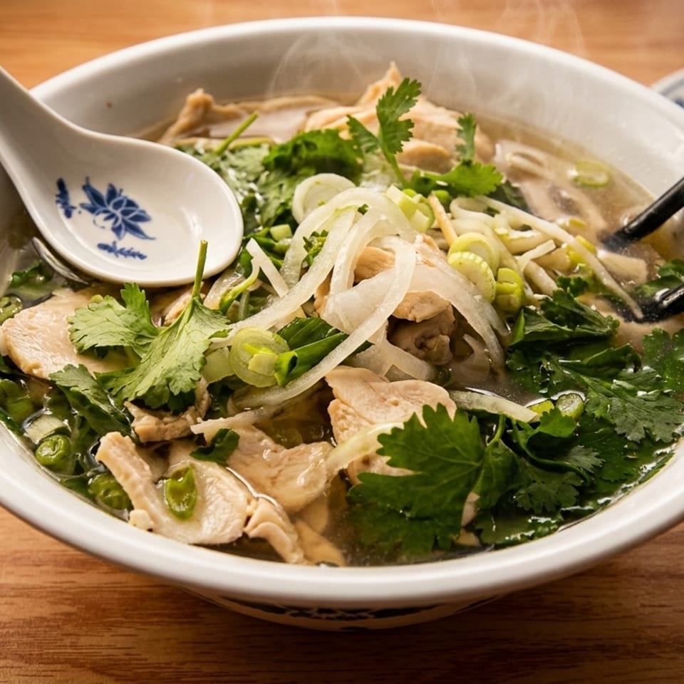 Steaming bowl of chicken pho with noodles, cilantro, onions, and bean sprouts, with chopsticks and spoon.